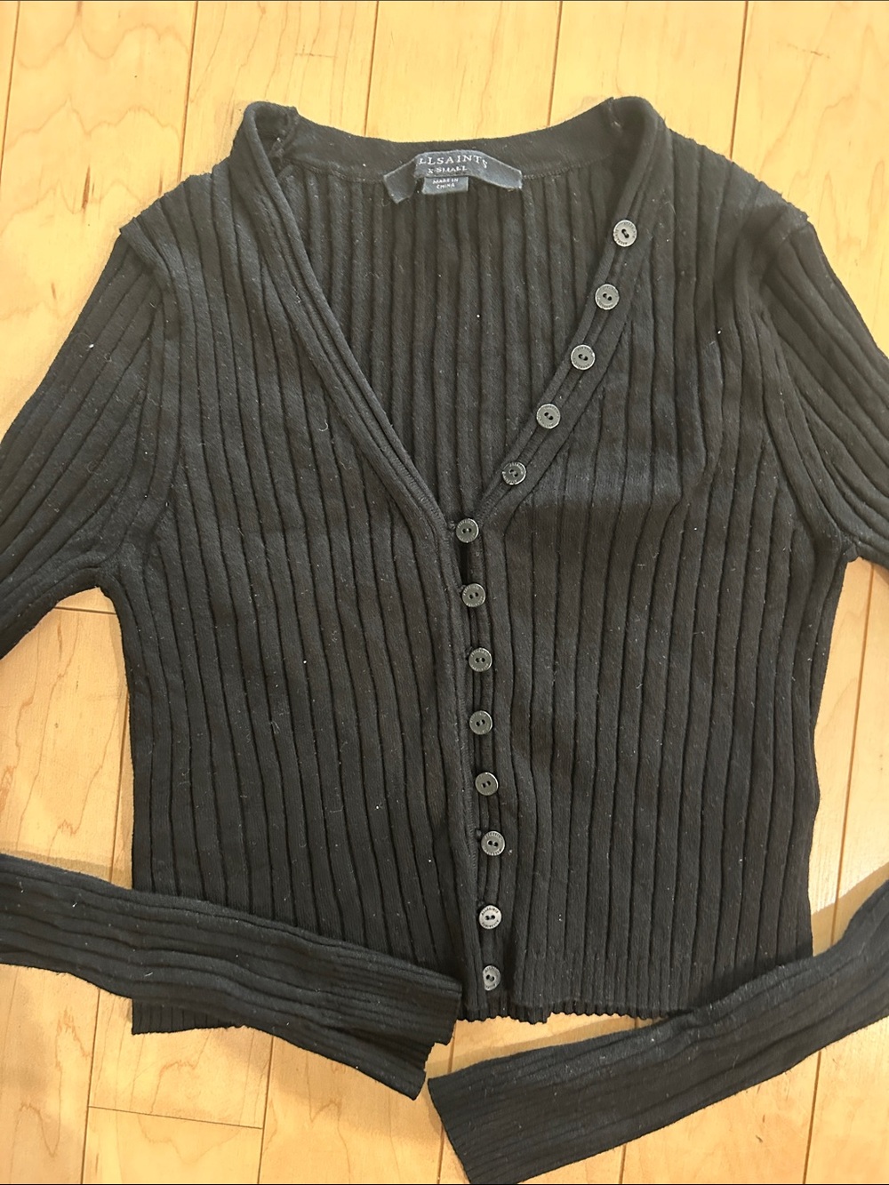 All Saints Black Ribbed V-Neck Button Cardigan